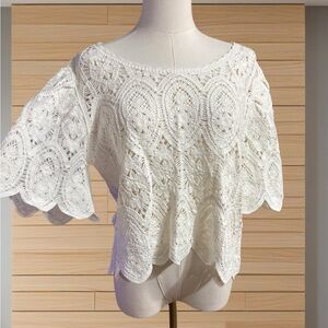 Solitaire White Crochet Lace Cottagecore Boho Top Scalloped Hem Short Sleeve S